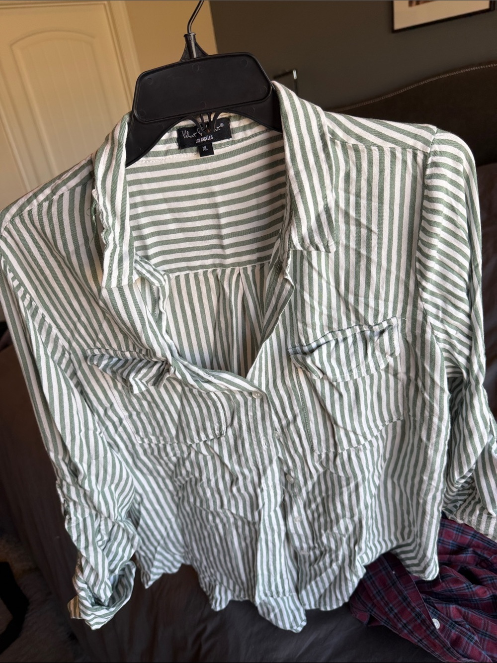 Velvet Heart Sage Green and White Striped Button-Down Blouse